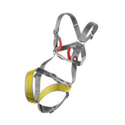 Das Bild zeigt den Ocun Mojo Kinderklettergurt. Das Klettergeschirr ist ausgebreitet und aufrecht in Mitte eines weißen Quadrates zu sehen. Man erkennt alle Produktdetails wie die Beinschlaufen, Schnallen und den integrierten Brustgurt und die roten Einbindeschlaufen..