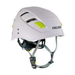 Das Bild zeigt den Edelrid Zodiac Kletterhelm in der Farbe Snow. Er steht in Bildmitte, man erkennt alle Produktdetails und den Edelrid Schriftzug.