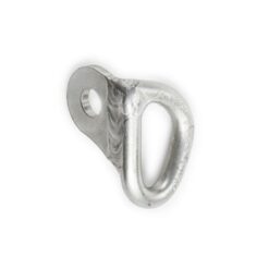 Das Bild zeigt die silberne Bohrhakenlasche Round auf einem weißem Quadrat.