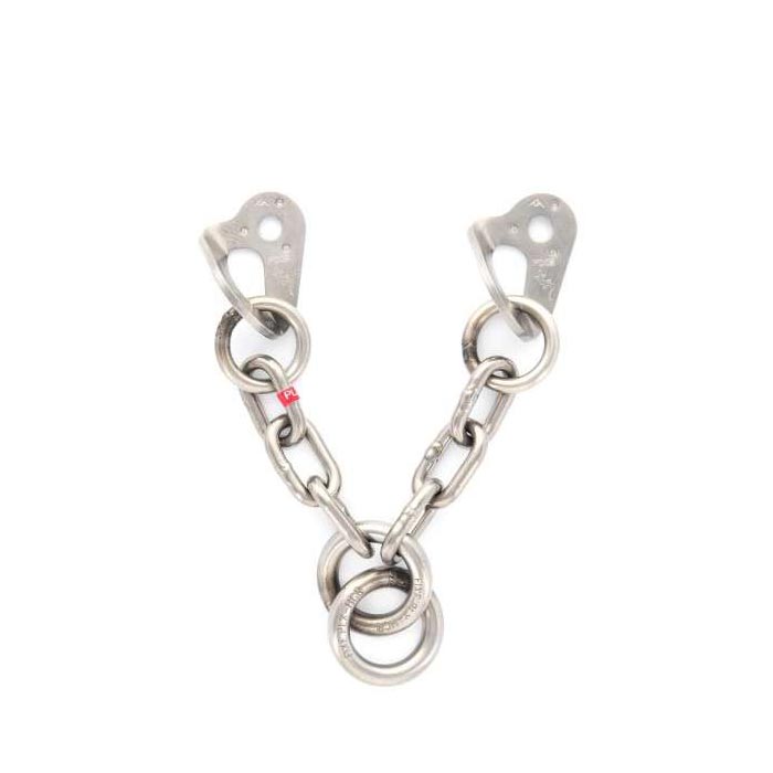Das Bild zeigt einen silbern glänzenden Fixe V-Abseilstand mit 2 Ringen auf einem weißem Quadrat