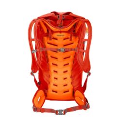 Das Bild zeigt den feuerroten Salewa Apex Wall 32 Kletterrucksack. Man sieht ihn aufrecht und von der Rückseite in Mitte eines weißen Quadrates und erkennt die orange Rückenpolsetrung sowie die Trageriemen.