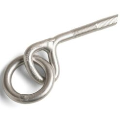 The picture shows a glue in bolt with a ring on a white square. The hook is at an angle in the picture, with the ring in the hook eye on the left.