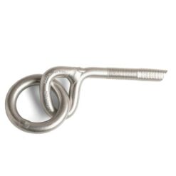 The picture shows a glue in bolt with a ring on a white square. The hook lies horizontally in the picture, with the ring in the hook eye on the left.