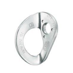 The picture shows a silver Coeur Stainless Petzl bolt hanger on a white square.