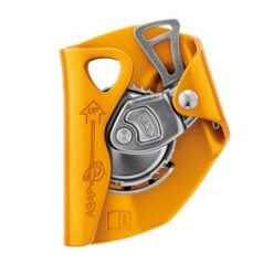 Das Bild zeigt das orange Petzl Asap. Man sieht die Innenseite des mitlaufenden Auffangerät und die silberne Blockierscheibe mit dem Fixiermechanismus.