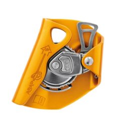 Das Bild zeigt das orange Petzl Asap. Man sieht die Innenseite des mitlaufenden Auffangerät und die silberne Blockierscheibe mit dem Fixiermechanismus.