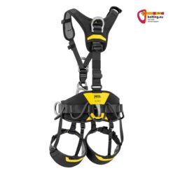 Gelb-schwarzer Petzl Avao Industrieklettergurt vertikal aufgespannt von hinten.