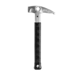 Das Bild zeigt den Petzl Bongo Felshammer. Auf einem schwarzem Stiel steckt ein silberner Hammerkopf mit der Spitze nach Rechts.