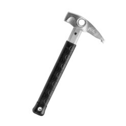 Das Bild zeigt den Petzl Bongo Felshammer. Auf einem schwarzem Stiel steckt ein silberner Hammerkopf mit der Spitze nach Rechts.