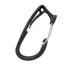 The picture shows the black Petzl CAritool material carabiner with silver wire gate on a white background.