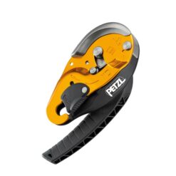 DAs Bild zeigt das orange-schwarze Petzl ID S Abseilgerät. Es liegt inmitten eines weißen Quadrates, der schwarze Ablasshebel steht rechts nach unten Das orange Gehäuse ist links.