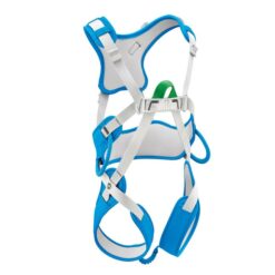 Das Bild zeigt den blau-grauen Petzl Ouistiti Komplett Klettergurt für Kinder. Der Gurt ist in geöffnetem Zustand mit allen Produktdetails zu sehen.