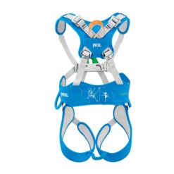 Das Bild zeigt den blau-grauen Petzl Ouistiti Komplett Klettergurt für Kinder. Der Gurt ist in geöffnetem Zustand mit allen Produktdetails zu sehen.