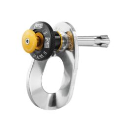 Das Bild zeigt den silbernen Petzl Pulse. Ein temporärer Bohrhaken mit heller Lasche und schwarz-gelben Versperrmechanismus.