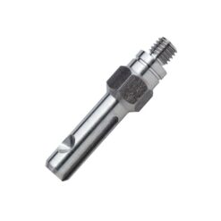 Das Bild zeigt den silbernen Petzl Rocpec ADP. MAn erkennt die SDS Fassung sowie das Gewinde auf der anderen Seite.