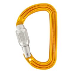 Das Bild zeigt einen gold-gelben Petzl SMD Screw Lock Karabiner mit dem Drehverschluss links.