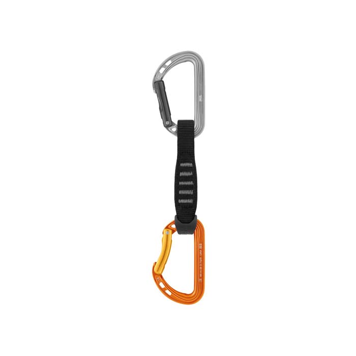 12cm lange Petzl Spirit Expressschlinge mit silbernen und orangem Karabiner bzw. schwarzer Bandschlinge.