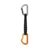 17cm lange Petzl Spirit Expressschlinge mit silbernen und orangem Karabiner bzw. schwarzer Bandschlinge.