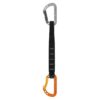 25cm lange Petzl Spirit Expressschlinge mit silbernen und orangem Karabiner bzw. schwarzer Bandschlinge.