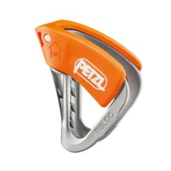 Das Bild zeigt die silbern-orange Petzl Tibloc Seilklemme. Man erkennt den silbernen Grundkörper, die orange Fingerhalterung und das weiße Logo.