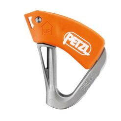 Das Bild zeigt die silbern-orange Petzl Tibloc Seilklemme. Man erkennt den silbernen Grundkörper, die orange Fingerhalterung und das weiße Logo.