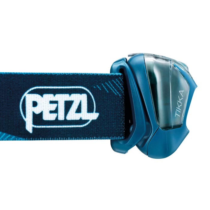 Das Bild zeigt den Lampenteil einer blauen Stirnlampe.