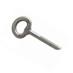 The picture shows a matt gray Raumer Radius glue in bolt on a white square. The carabiner eyelet is on the left.