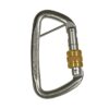 The picture shows the silver stainless steel diverter carabiner with splint with a yellow screw cap on a white square.