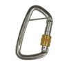 The picture shows the silver stainless steel diverter carabiner with splint with a yellow screw cap on a white square.