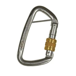 The picture shows the silver stainless steel diverter carabiner with splint with a yellow screw cap on a white square.