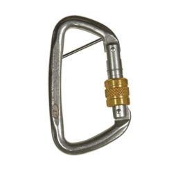 The picture shows the silver stainless steel diverter carabiner with splint with a yellow screw cap on a white square.