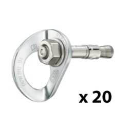 Das Bild zeigt den silbernen Petzl Coeur Bolt Stainless auf einem weißem Quadrat. Zu sehen ist der Bohrhaken mit der montierten Lasche.