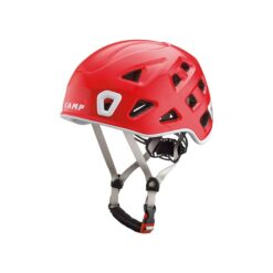 Das Bild zeigt den roten Camp Storm Kletterhelm von der Seite. Man erkennt alle Produktdetails wie Helmschale, Kinnriemen und Verstellrad.