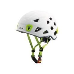Das Bild zeigt den weißen Camp Storm Kletterhelm von der Seite. Man erkennt alle Produktdetails wie Helmschale, Kinnriemen und Verstellrad.