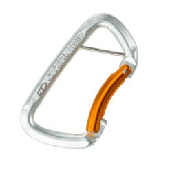 The picture shows a silver Climbing Technology Gym Steel steel carabiner with splint and orange gate.