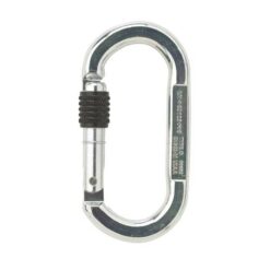 Das Bild zeigt einen silbernen Stahlkarabiner oval mit schwarzem Schraubgewinde auf einem weißem Quadrat.