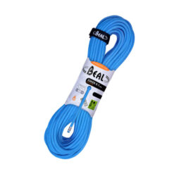Das Bild zeigt ein blaues beal Joker 9,1mm Dry Cover Seil in Originalverpackung. Der Seilstrang ist schräg liegend in einem weißem Quadrat zu sehen.