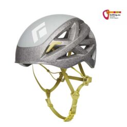 Silbern grauer Black Diamond Kletterhelm Vapor und buntes bolting.eu Logo.
