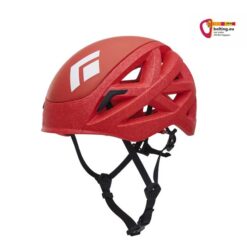 Roter Black Diamond Kletterhelm Vapor und buntes bolting.eu Logo.