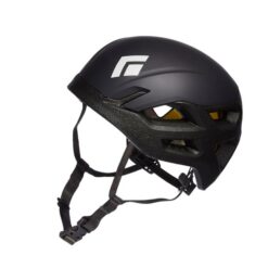 Das Bild zeigt einen schwarzen Blacl Diamond Vision MIPS Kletterhelm schräg liegend auf einem weißem Quadrat. Man erkennt alle Produktdetails und das weiße Logo.