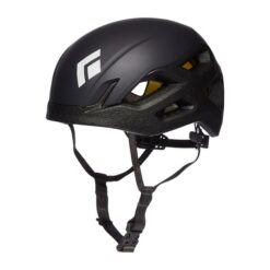 Das Bild zeigt einen schwarzen Blacl Diamond Vision MIPS Kletterhelm auf einem weißem Quadrat. MAn erkennt alle Produktdetails und das weiße Logo.