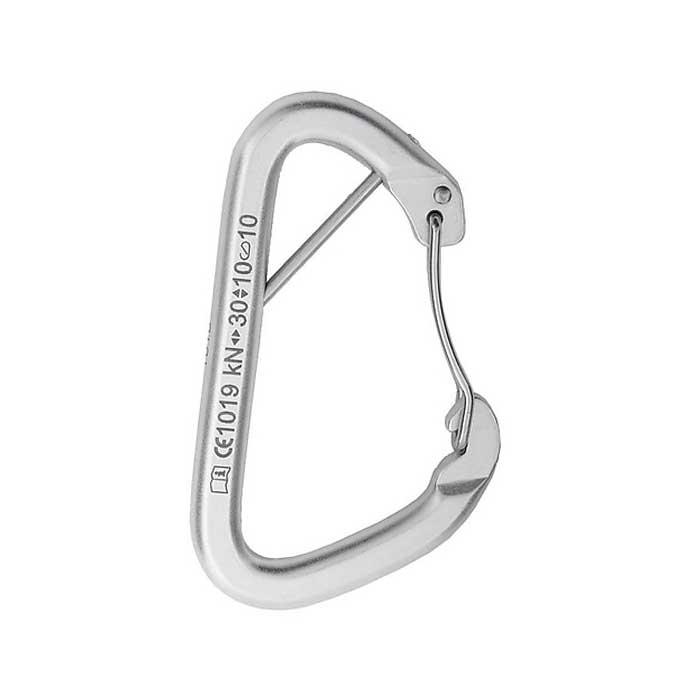 The picture shows the silver Singing Rock Artwall steel carabiner with a splint and wire gate on the right-hand side.
