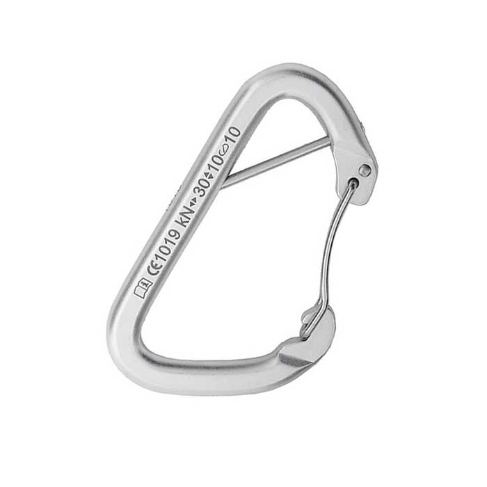 The picture shows a silver steel carabiner with anti-theft protection.