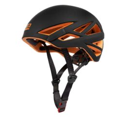 Das Bild zeigt den LACD Defender Kletterhelm in schwarz mit oranger Innenschale. Man sieht auch den Kinnriemen.