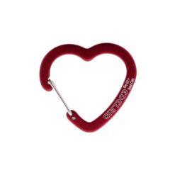Das Bild zeigt den Edelrid Corazon, einen roten Mini KArabiner in HErzform auf einem weißem Quadrat.