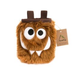 DAs Bild zeigt ein braunes Foodie Chalk Bag Monster mit verdrehten Augen, einem Grinsen und zwei Zähnen.