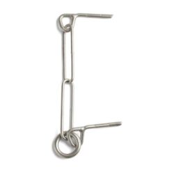 The picture shows a silver glue in bolt abseil anchor with a ring on a white square.