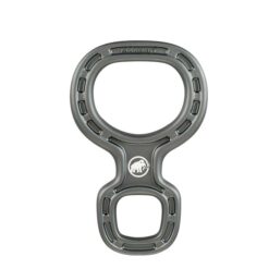 Das Bild zeigt den dunkelgrauen Mammut Bionic 8 Abseilachter aufrecht in einem weißem Quadrat. Man erkennt die Form und das weiße Mammut Logo in der Mitte.