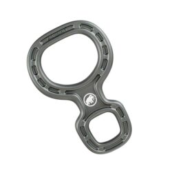 Das Bild zeigt den dunkelgrauen Mammut Bionic 8 Abseilachter schräg in einem weißem Quadrat. Man erkennt die Form und das weiße Mammut Logo in der Mitte.