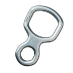 Das Bild zeigt einen grauen Edelrid Bud Abseilachter der schräg in einem weißem Quadrat steht.